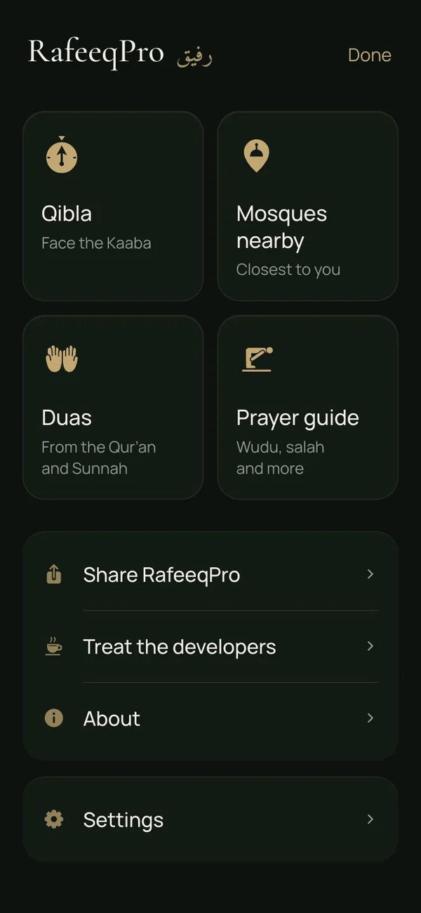 RafeeqPro menu: Qibla, Mosques nearby, Duas and Prayer guide, with Share, Treat the developers, About and Settings
