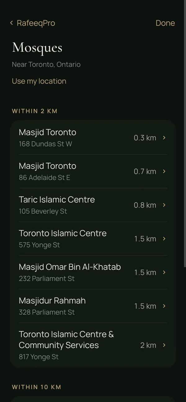 Mosques nearby: mosques in downtown Toronto with their distances