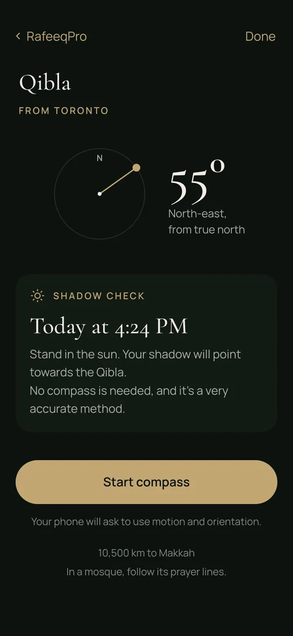 Qibla page: the direction from Toronto in degrees, with today’s shadow check time